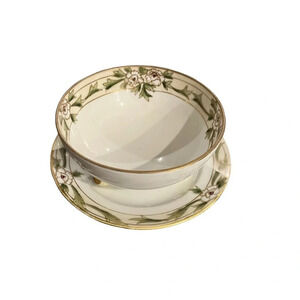 Nippon Hand Painted Floral Footed Bowl With Under Plate Vintage Gold Detail